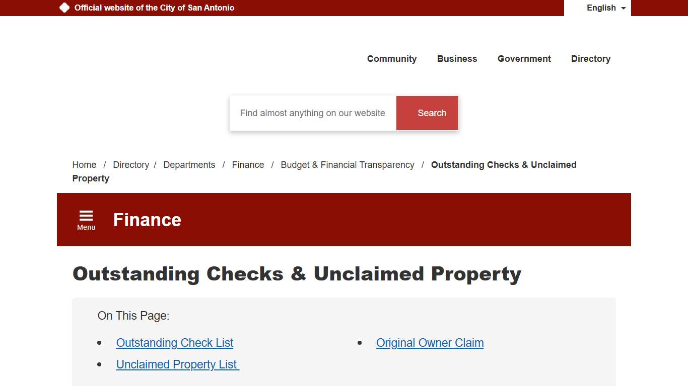 Outstanding Checks & Unclaimed Property - City of San Antonio