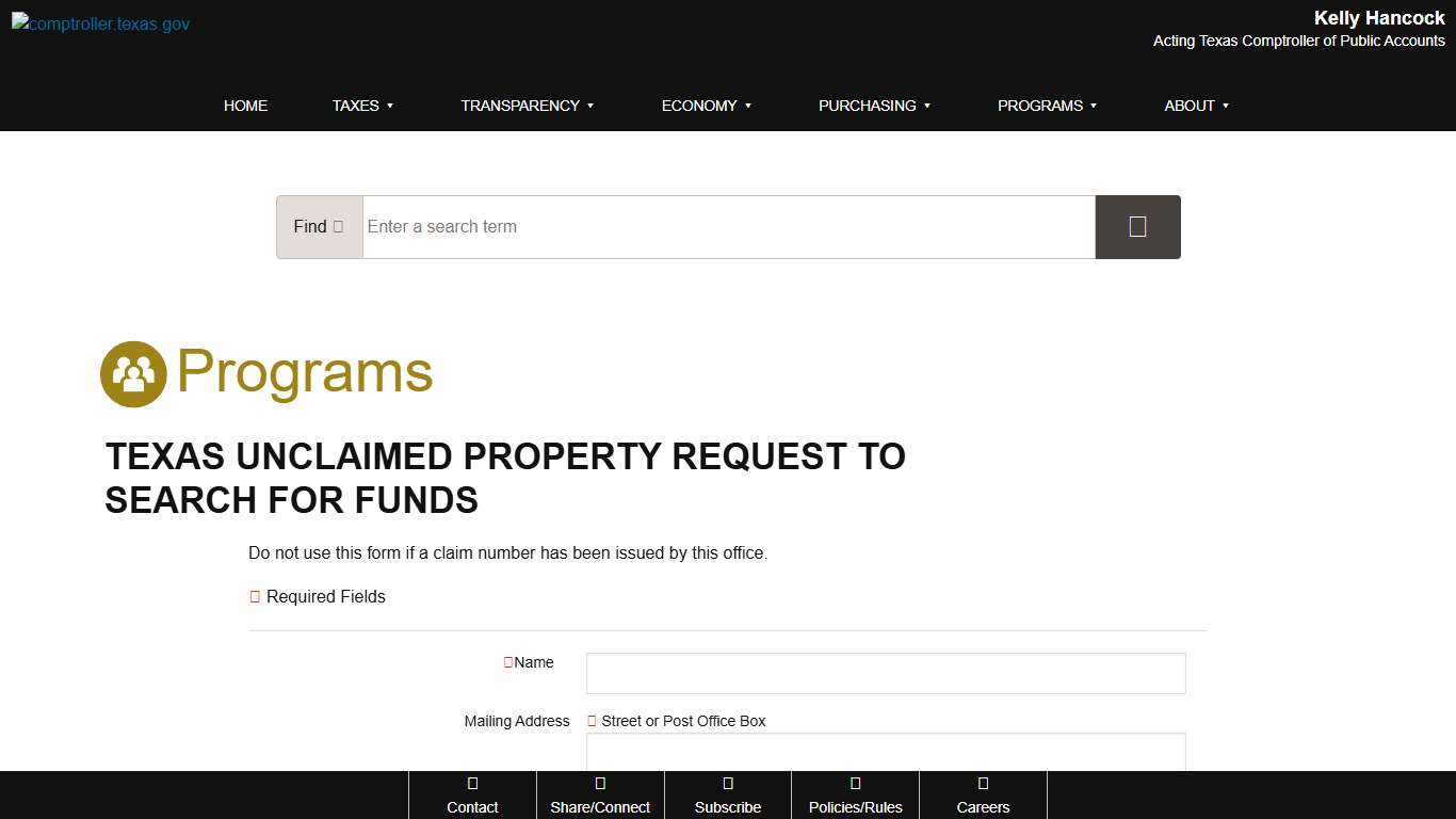 Texas Unclaimed Property Request to Search for Funds
